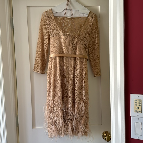 Beautiful champagne coloured dress with lace and ostrich feathers - Picture 2 of 2